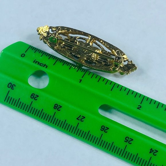 Art Deco Pin Brooch Gold Tone Faux Black Onyx Clear Rhinestone Vintage Jewelry - Picture 6 of 16